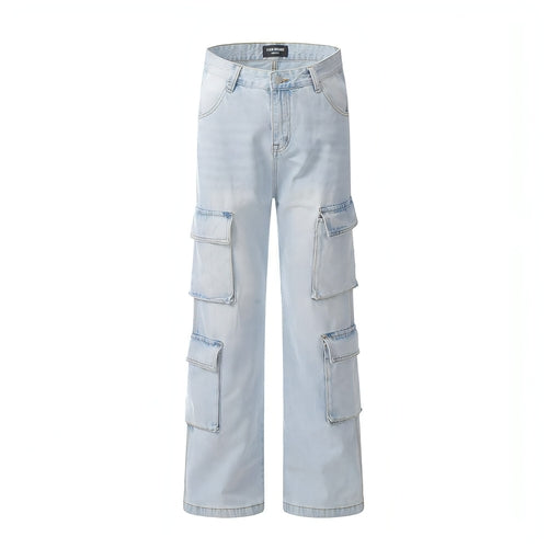 Light wash DenimDare™ Cargo Jeans for men by Carmine Juneberry, showing the relaxed fit and multiple cargo pockets.