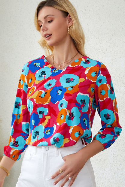 Carmine Juneberry rose multicolor floral print V-neck 3/4 sleeve blouse, stylish tops and blouses for women.