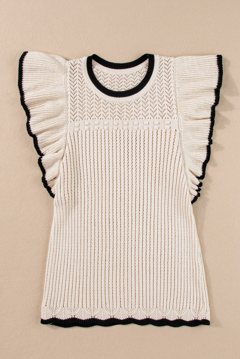 Apricot crochet eyelet flounce tank top from Carmine Juneberry, featuring delicate eyelet details and a flowing silhouette.