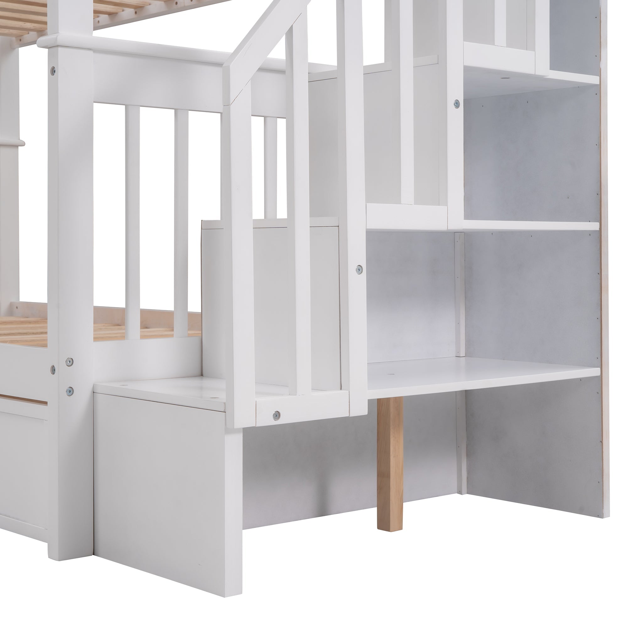 Sangria Beech twin-over-twin bunk bed with three built-in drawers, designed for bedrooms or dorms, made of sturdy wood.
