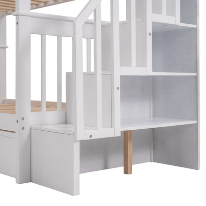Sangria Beech twin-over-twin bunk bed with three built-in drawers, designed for bedrooms or dorms, made of sturdy wood.