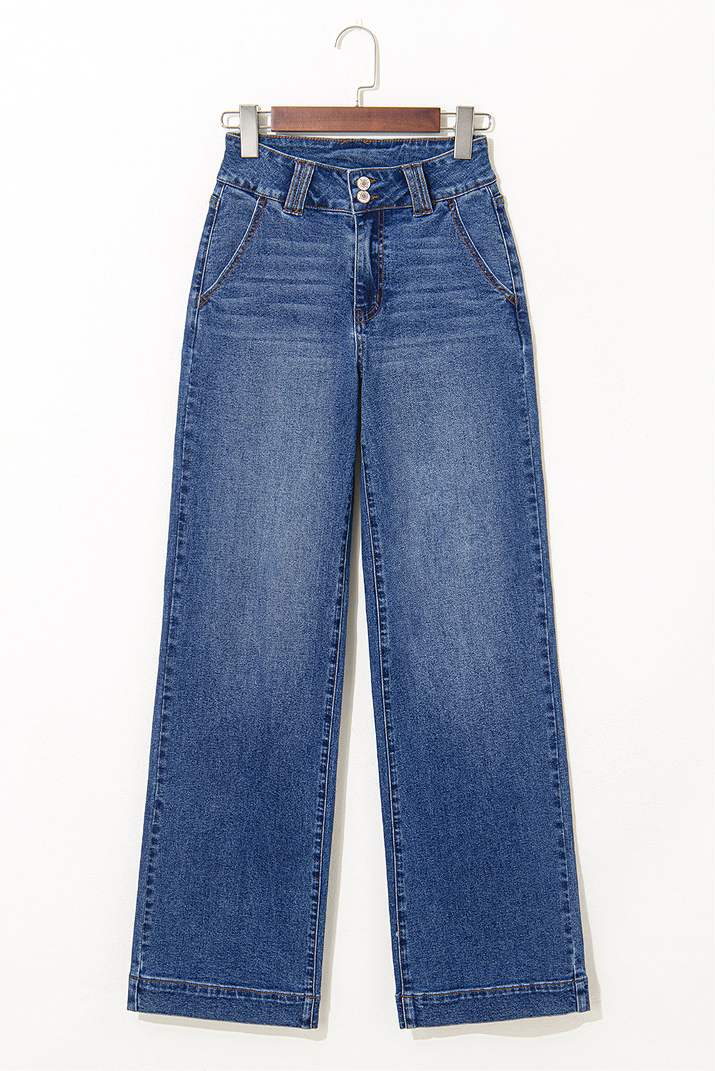 Women’s Byzantium Bay denim straight leg jeans with double button closure and classic fit, shown in a casual pose.