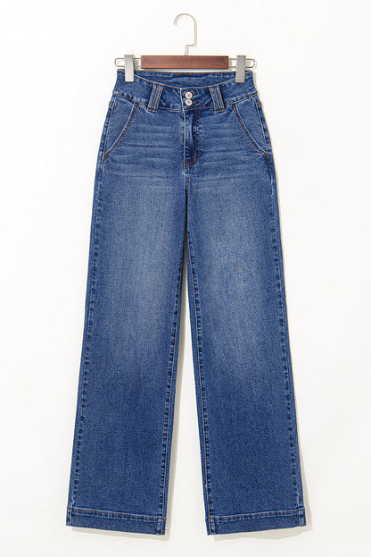 Women’s Byzantium Bay denim straight leg jeans with double button closure and classic fit, shown in a casual pose.