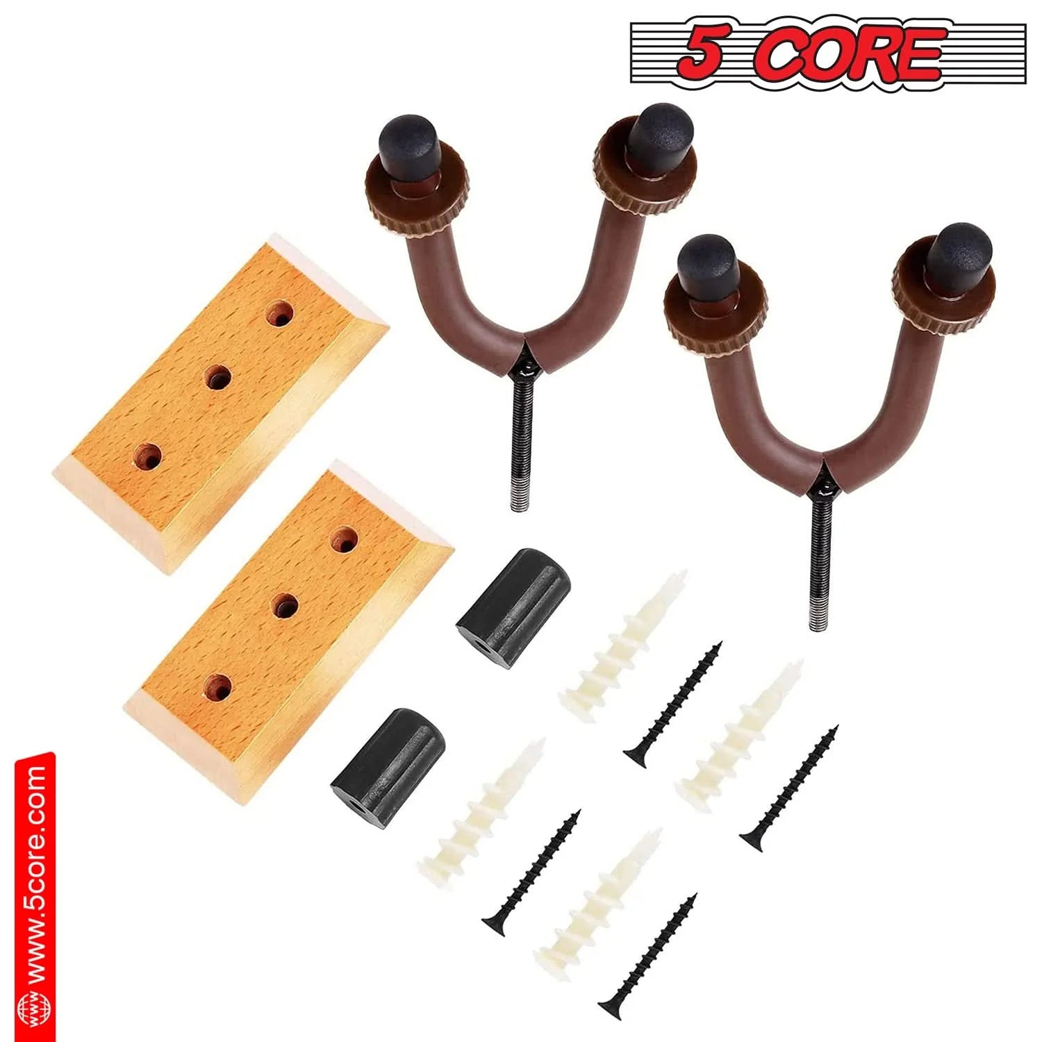 Violet Rose 5Core Guitar Wall Mount Hanger 2Pack with U-shaped wooden hooks for guitar display and storage on wall.