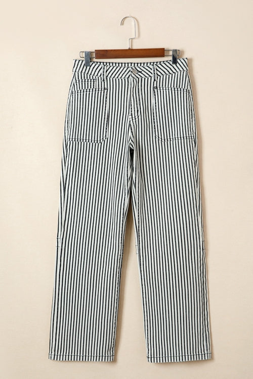Women’s Stripe Denim High Waist Patch Pocket Jeans by Byzantium Bay, featuring classic design and front patch pockets.
