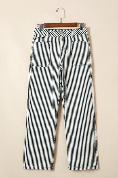 Women’s Stripe Denim High Waist Patch Pocket Jeans by Byzantium Bay, featuring classic design and front patch pockets.