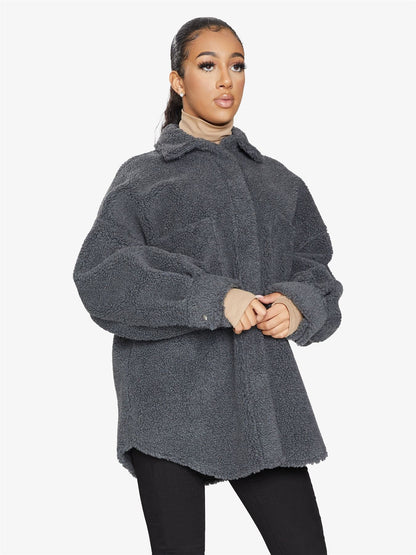 Rose Eleusis oversized patch pocket borg teddy shacket, cozy jacket with plush fleece, button front and relaxed fit.