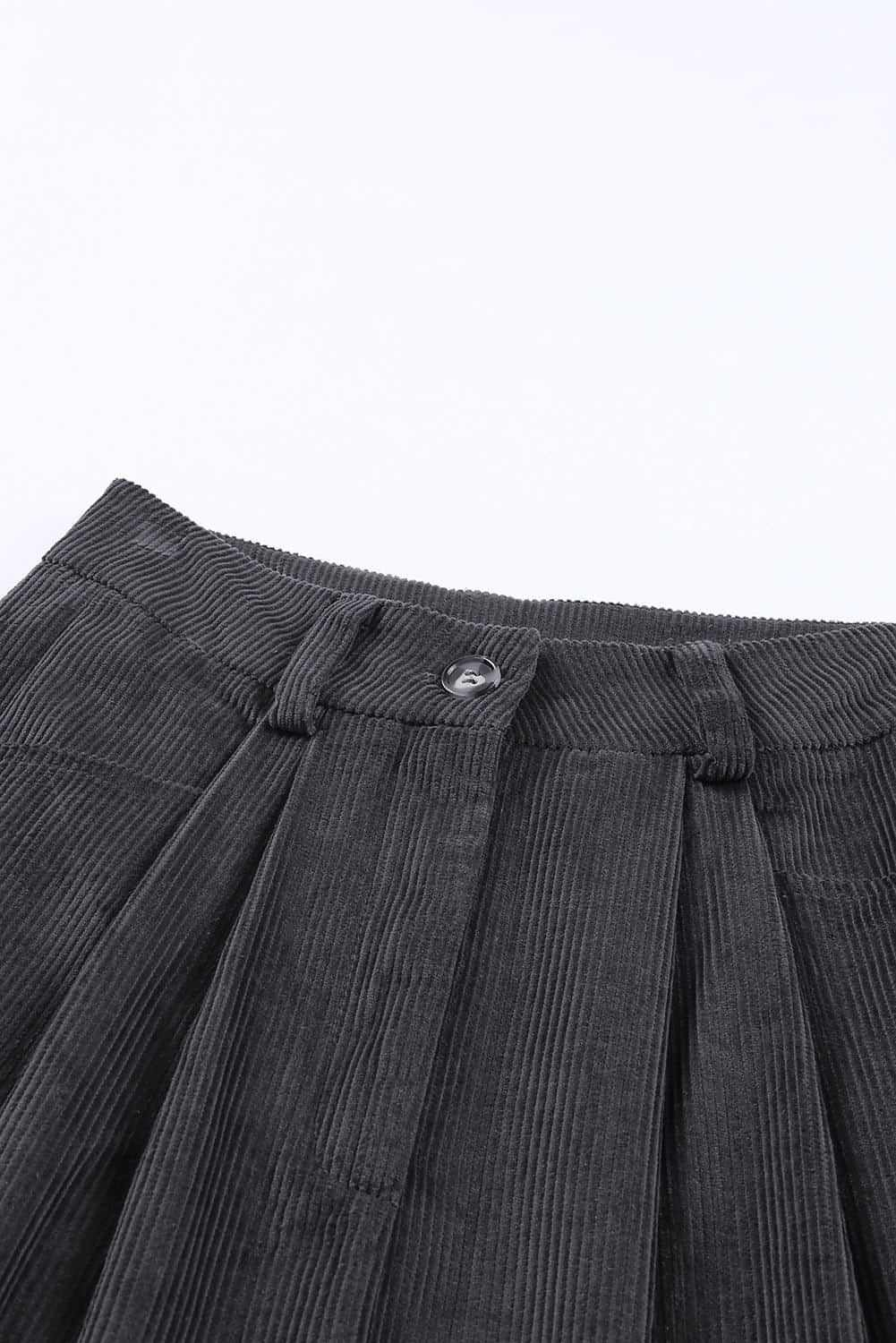 Gray corduroy high waist straight-leg pants by Carmine Juneberry, showing front view with waistband and tailored fit.
