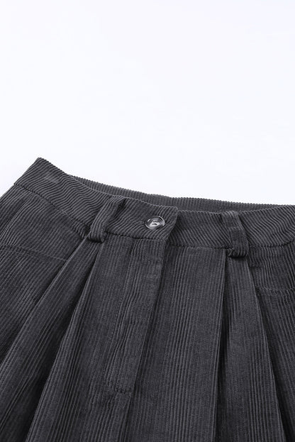 Gray corduroy high waist straight-leg pants by Carmine Juneberry, showing front view with waistband and tailored fit.