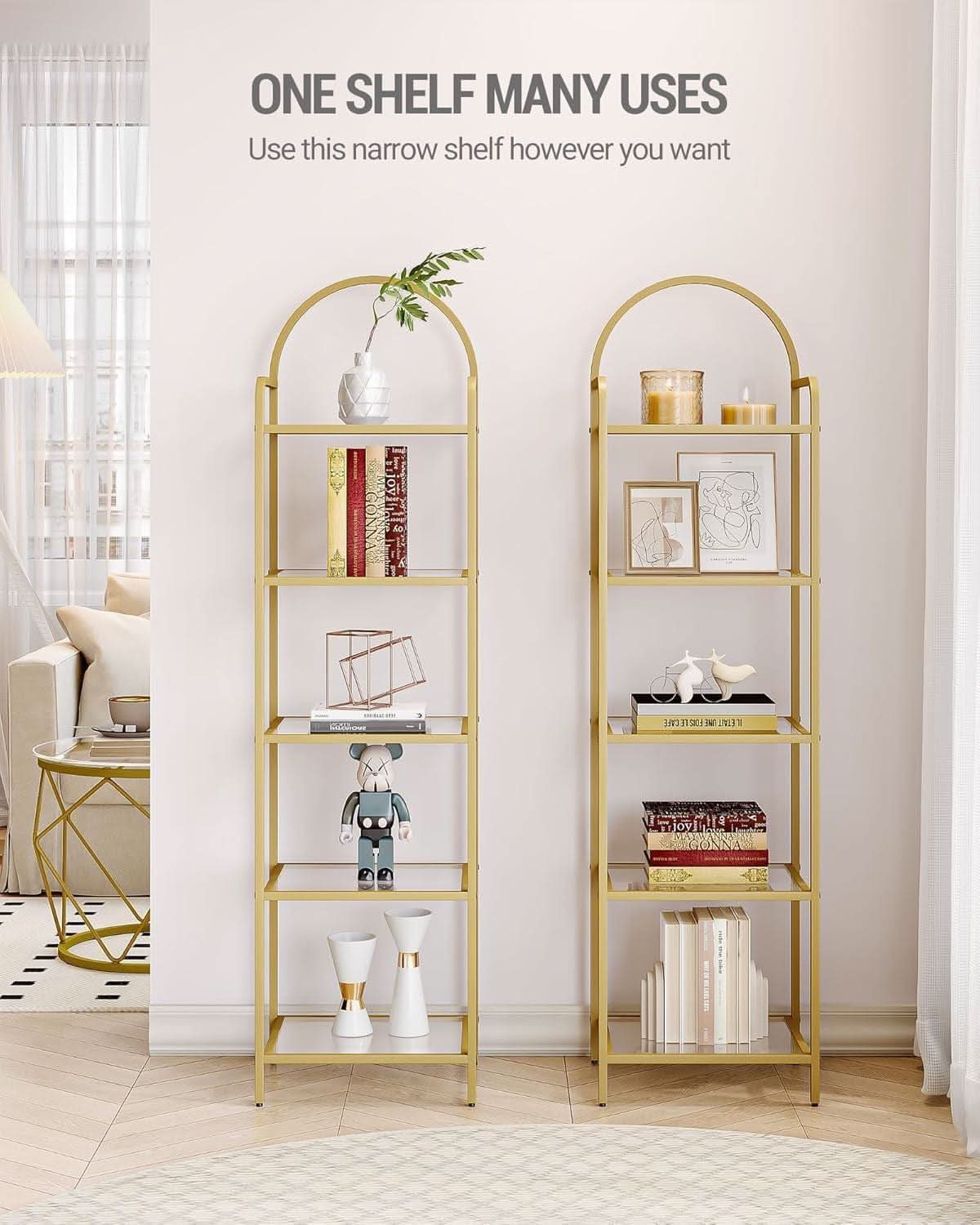 Five Tier Premium Tempered Glass Bookshelf Goldtone Frame