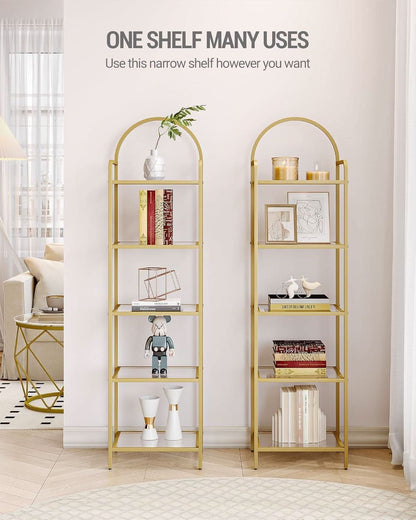 Five Tier Premium Tempered Glass Bookshelf Goldtone Frame