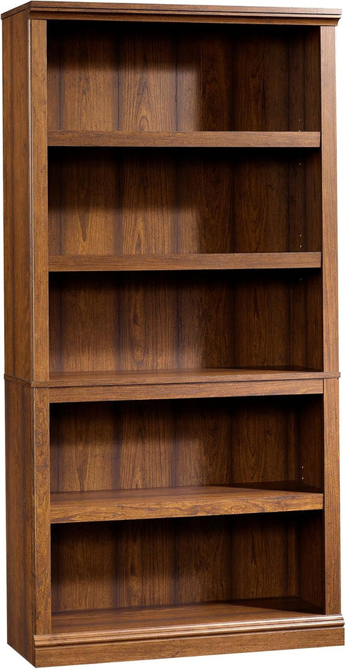 Peach Maple Washington Cherry 5 Shelf Bookcase with adjustable shelves, showcasing a sturdy wooden furniture piece.