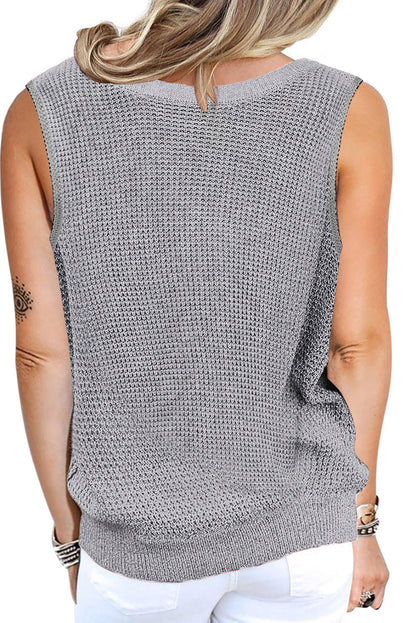 Gray crisscross hollow-out knit tank top for women by Lavender Pallas, featuring a stylish open-knit design and sleeveless fit.