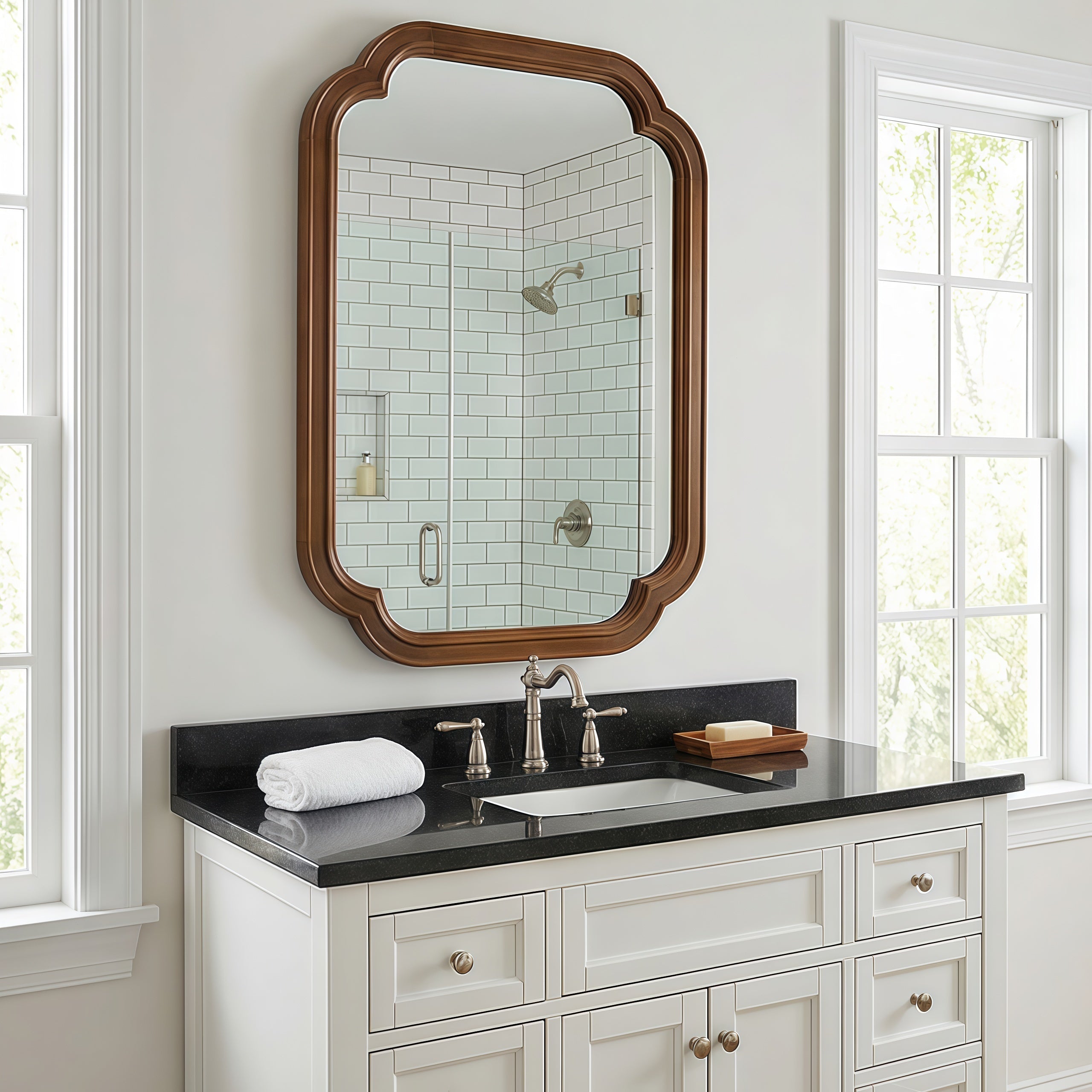 Sangria Beech solid wood framed decorative mirror with rounded corners, ideal for bedroom furniture decor.