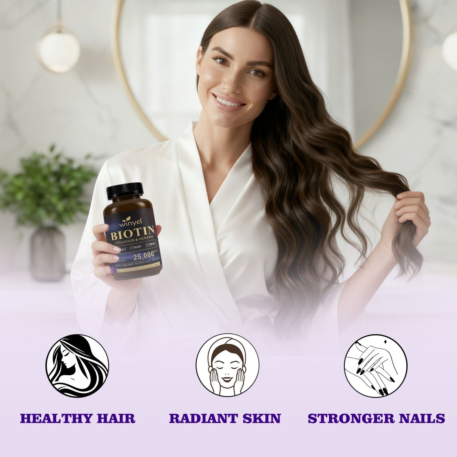 Pear Daisy biotin, collagen, hyaluronic acid, and keratin supplement for supporting healthy, normal hair at home.
