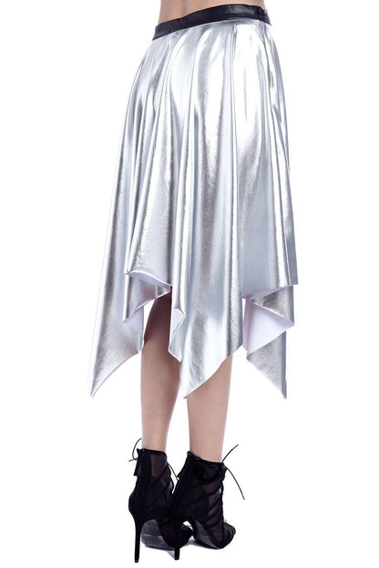 Silver metallic pleated midi skirt by Erin Theia, showcasing its shiny, flowing fabric and stylish design in a fashion accessories image.