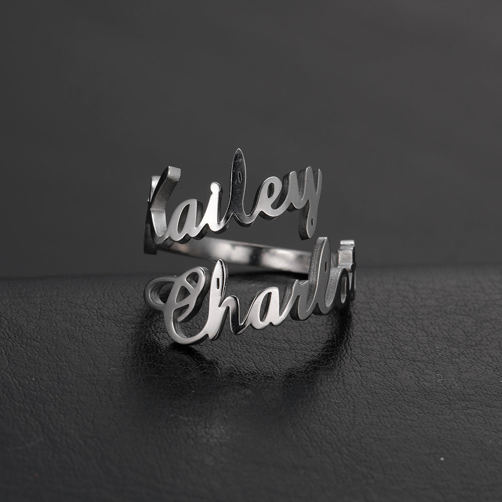 Custom Name Ring by Pink Lucky, silver jewelry with personalized engraved name, stylish and elegant accessory.