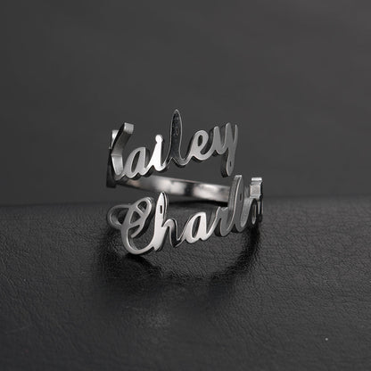 Custom Name Ring by Pink Lucky, silver jewelry with personalized engraved name, stylish and elegant accessory.