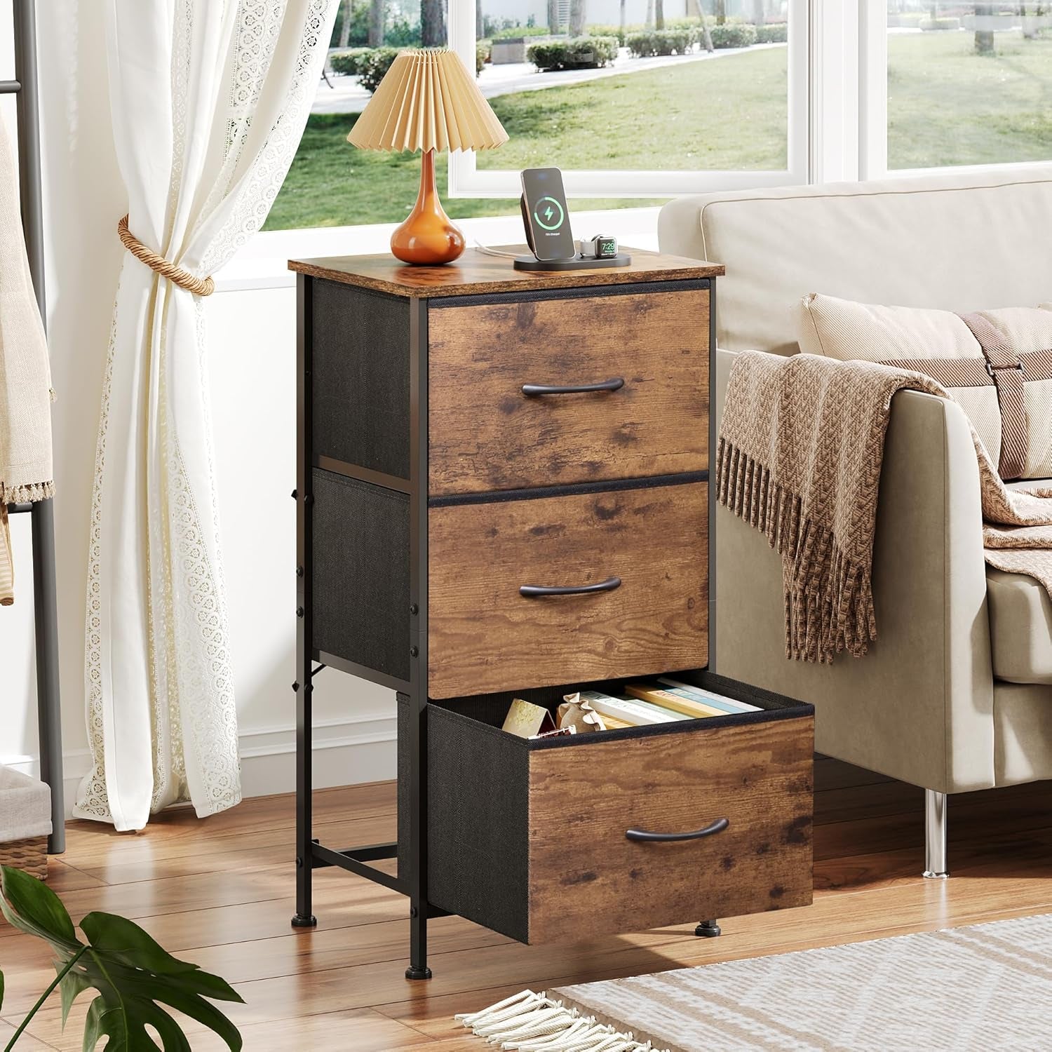 Rustic brown wood grain finish dresser with three drawers, Peach Maple furniture piece showcasing natural wood texture and sturdy design.