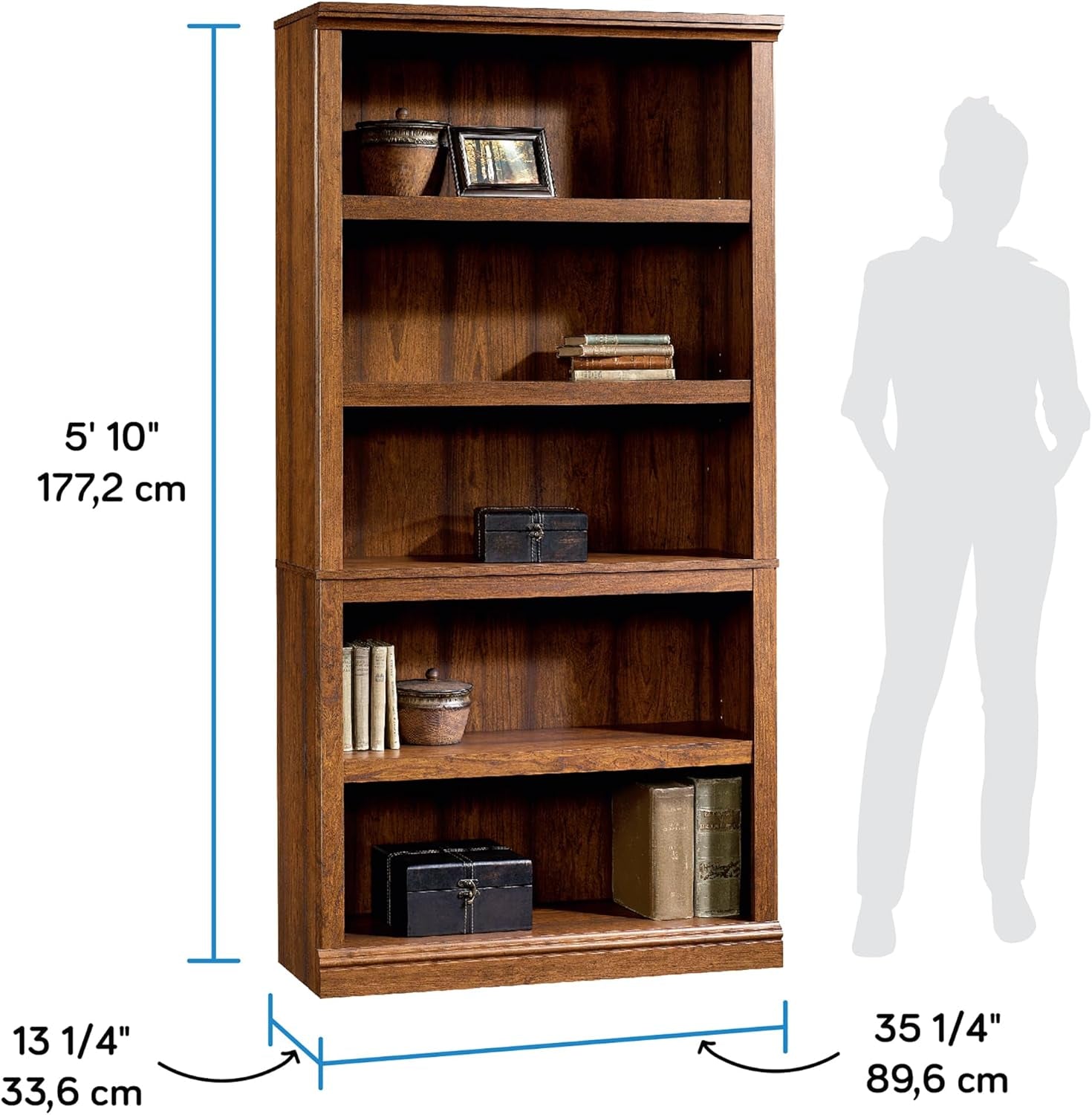 Peach Maple Washington Cherry 5-shelf bookcase with adjustable shelves, showcasing rich cherry wood finish and sturdy furniture design.