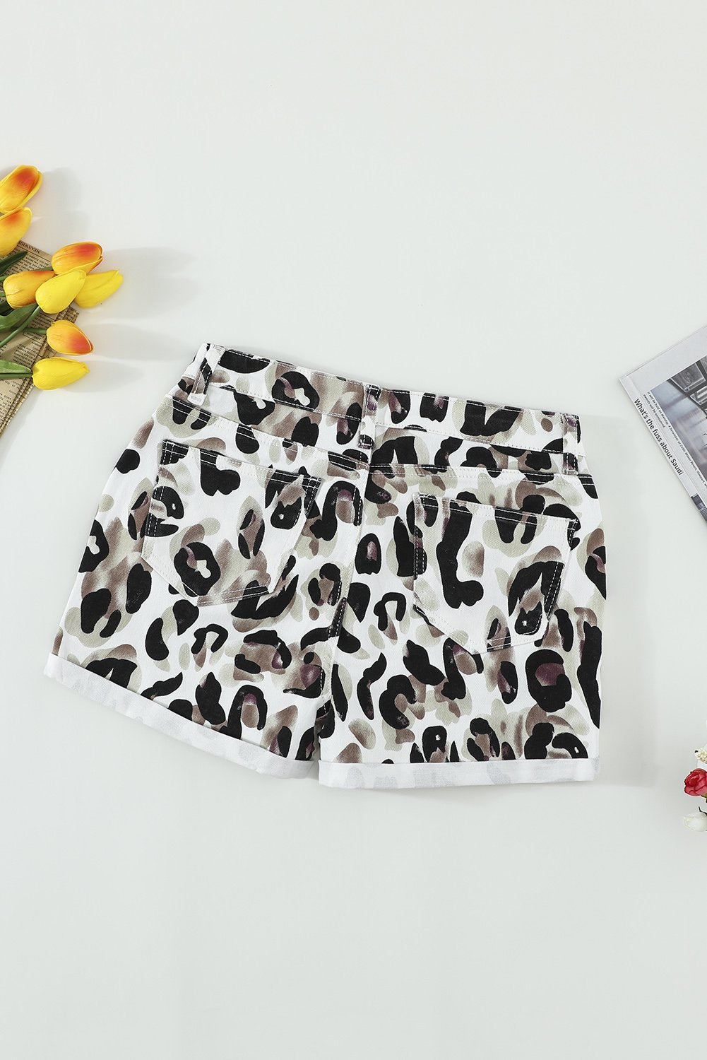 Taupe leopard distressed shorts for women by Jade, featuring a stylish, casual fit with a trendy animal print design.