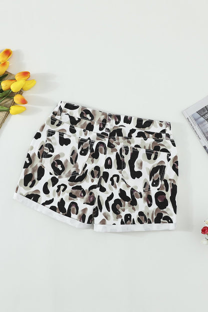 Taupe leopard distressed shorts for women by Jade, featuring a stylish, casual fit with a trendy animal print design.