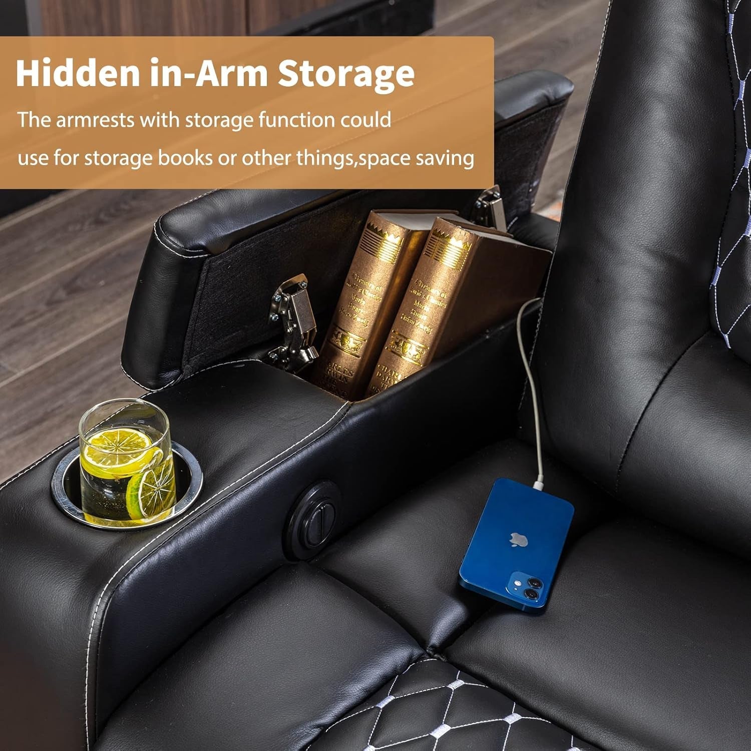 Black Peach Maple power recliner with USB ports and cup holders, shown with plush cushioned seating and armrests.