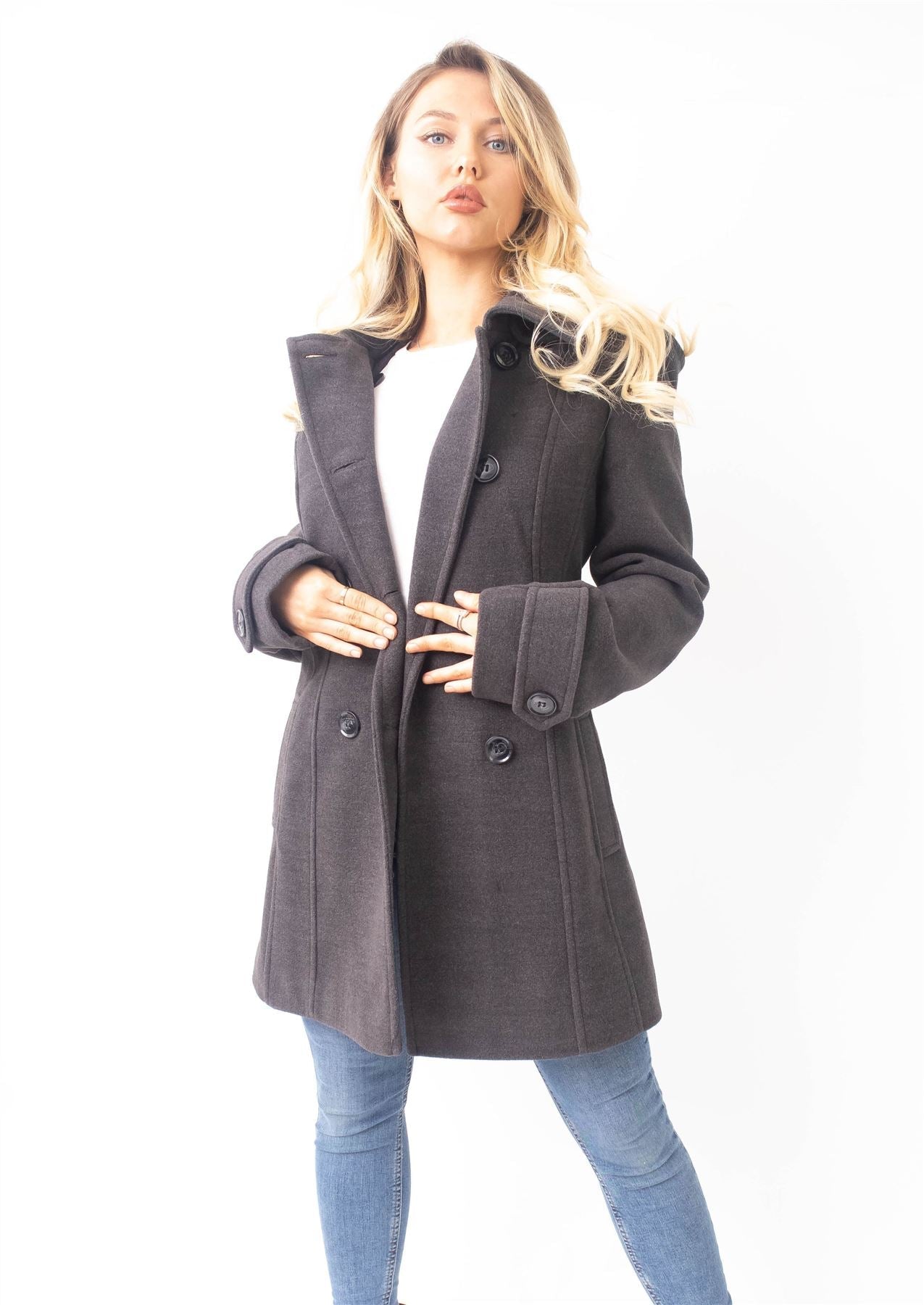 Rose Eleusis wool feel double-breasted hooded coat, stylish jacket with large front pockets, neutral color, and cozy hood detail.