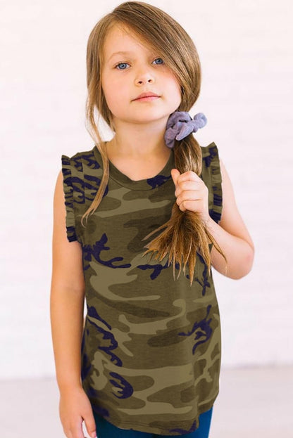 Camo print flounced armholes tank top for girls by Jade, stylish sleeveless top with ruffle details and camouflage pattern.