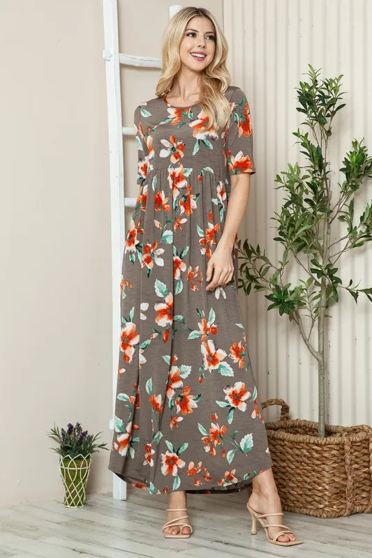 Jade Icarus BOMBOM floral round neck short sleeve maxi tee dress for women, featuring a vibrant floral pattern and relaxed fit.