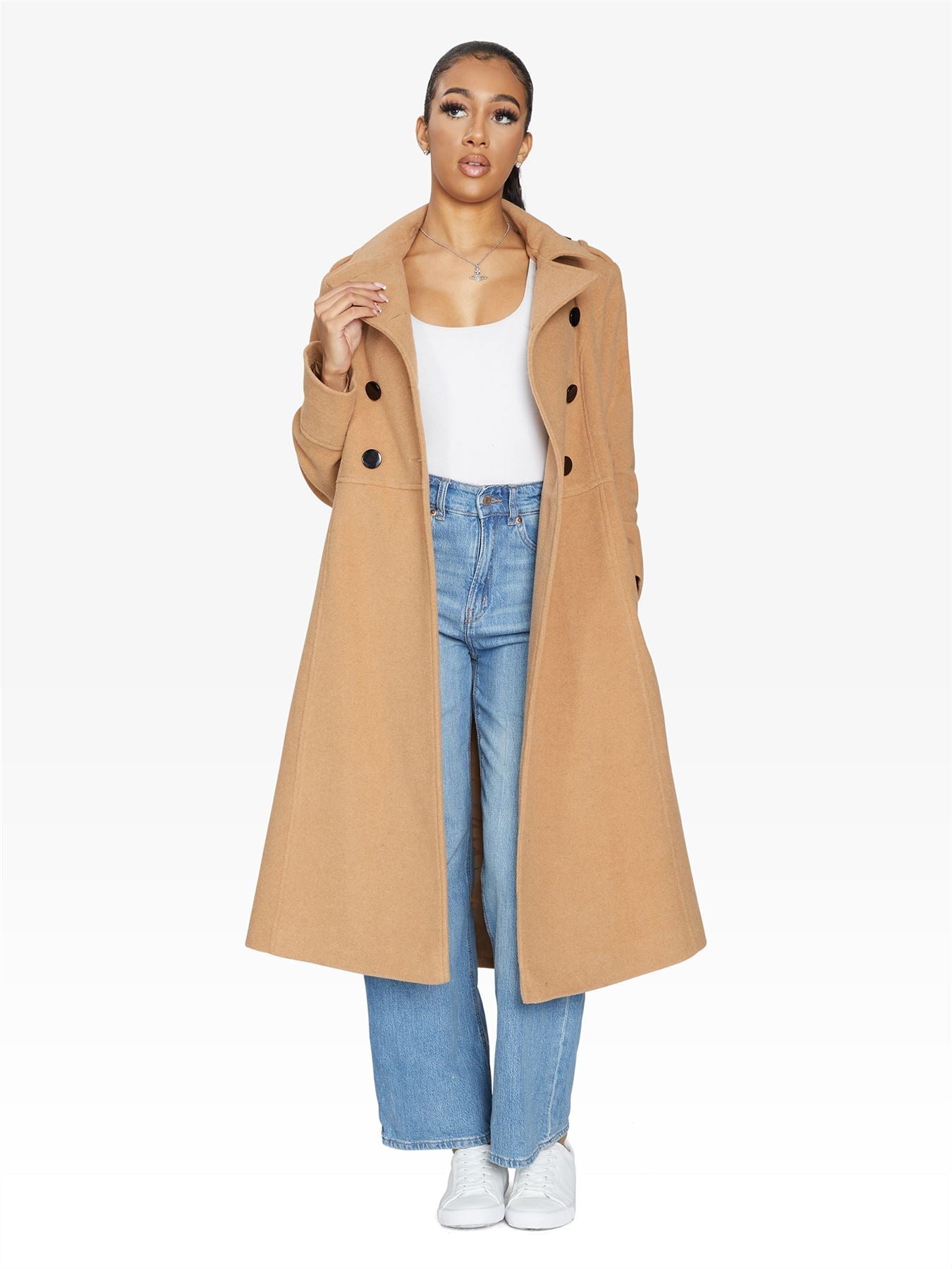 Rose Eleusis A-Line double-breasted coat, stylish jacket with tailored fit, shown on a hanger in a neutral setting.