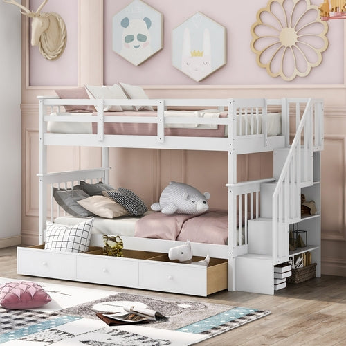 Sangria Beech twin-over-twin bunk bed with three storage drawers, ideal for bedrooms or dorms, featuring sturdy wood construction.