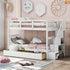 Sangria Beech twin-over-twin bunk bed with three storage drawers, ideal for bedrooms or dorms, featuring sturdy wood construction.
