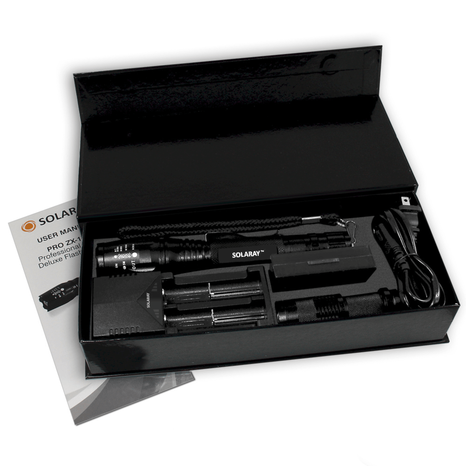 Black Lavender Solaray ZX-1XL 18650 LED tactical flashlight kit for camping, showing the flashlight and accessories in a compact setup.