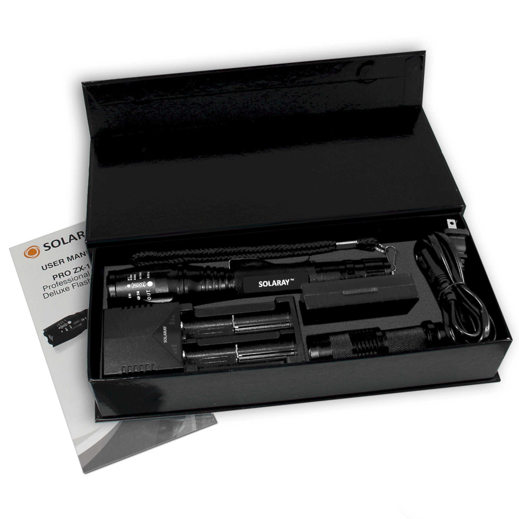 Black Lavender Solaray ZX-1XL 18650 LED tactical flashlight kit for camping, showing the flashlight and accessories in a compact setup.