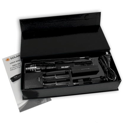 Black Lavender Solaray ZX-1XL 18650 LED tactical flashlight kit for camping, showing the flashlight and accessories in a compact setup.