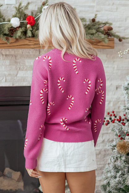 Byzantium Bay Christmas Candy Cane Drop Shoulder Sweater with festive red and white candy cane pattern and cozy fit.