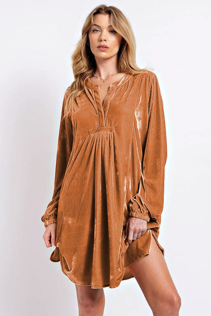 Harlequin Daisy chestnut velvet tunic dress with split neck design, suitable for bath and beauty wear, shown in the image.