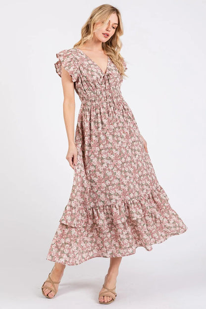Automotive image featuring a Mittoshop Flower Print Ruffle Cap Sleeve V-neck Midi Dress by Jade Icarus, showcasing floral details and ruffle accents.