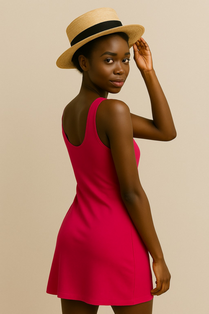 Carmine Juneberry casual round neck cotton-blend dress in size S to XL, displayed on a hanger, showcasing its simple, comfortable design.