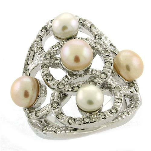 Rhodium brass ring with semi-precious multi-color pearl, designed by Turquoise Tiger, showcasing elegant jewelry craftsmanship.