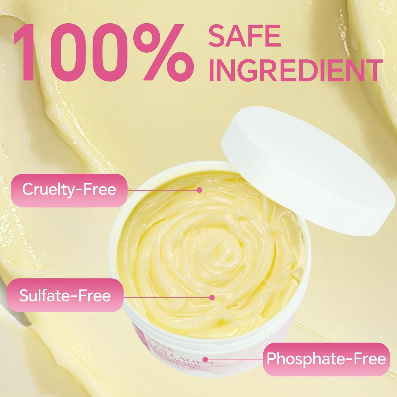 Pink Iolaus collagen hair mask in a jar, showcasing its creamy texture and nourishing ingredients for healthy hair care.