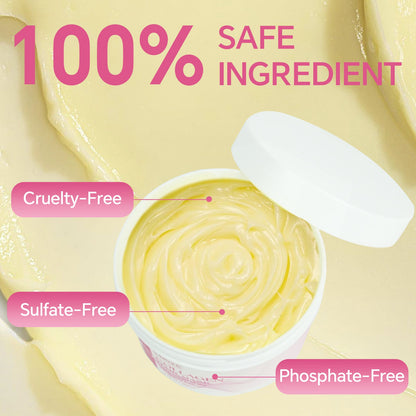 Pink Iolaus collagen hair mask in a jar, showcasing its creamy texture and nourishing ingredients for healthy hair care.