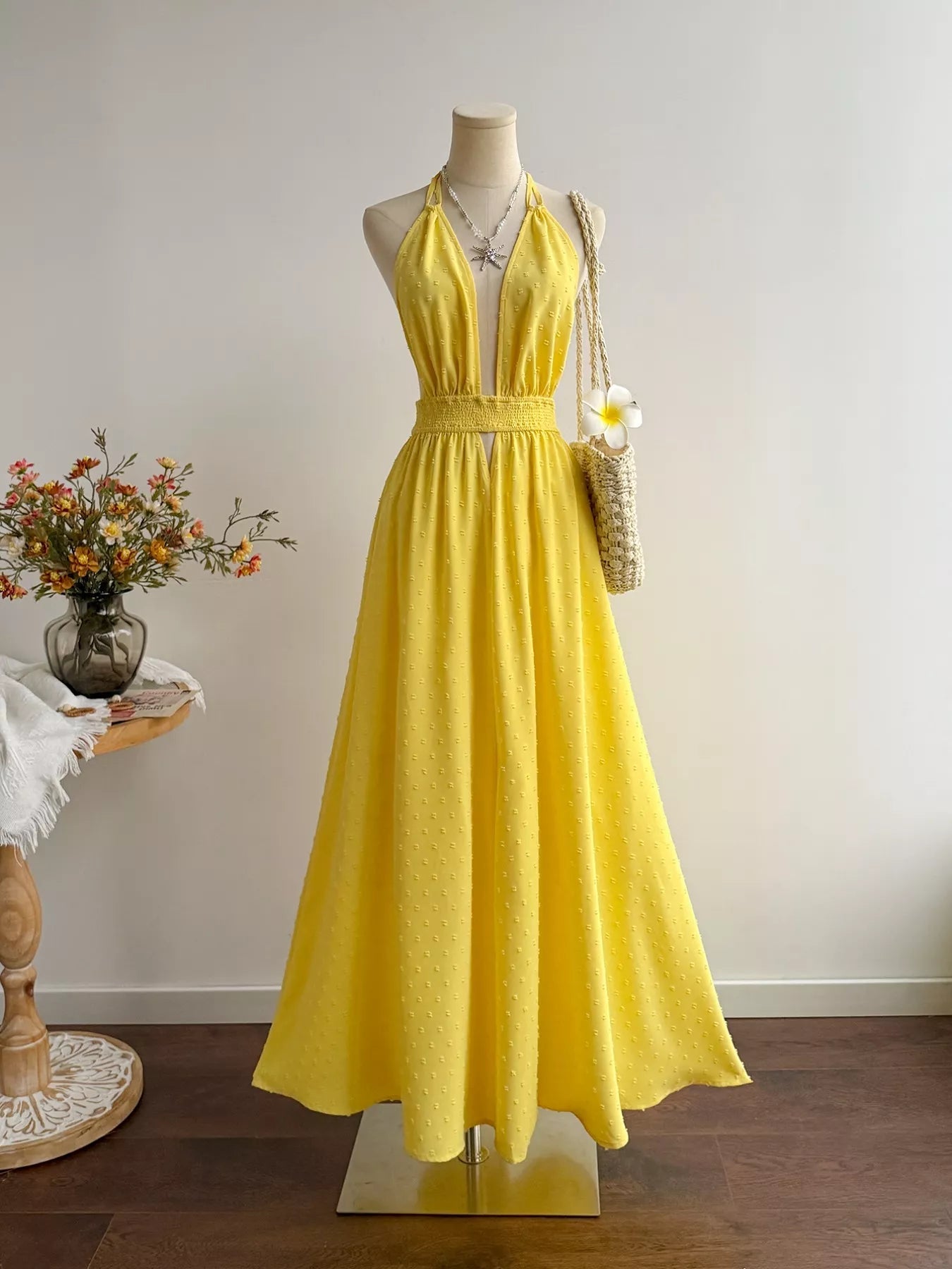 Pear Daisy Swiss Dot Halter Neck Dress with delicate dotted fabric and halter neckline, perfect for stylish home or garden wear.