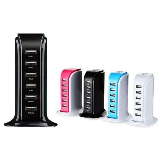 Salmon Lucky Smart Power 6 USB colorful tower tech accessory on a desk, with multiple USB ports for home or office use.