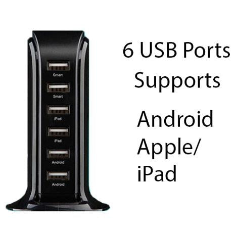Colorful Smart Power 6 USB tower by Salmon Lucky, a modern tech accessory for home or office desks with multiple USB ports.