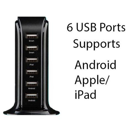 Colorful Smart Power 6 USB tower by Salmon Lucky, a modern tech accessory for home or office desks with multiple USB ports.