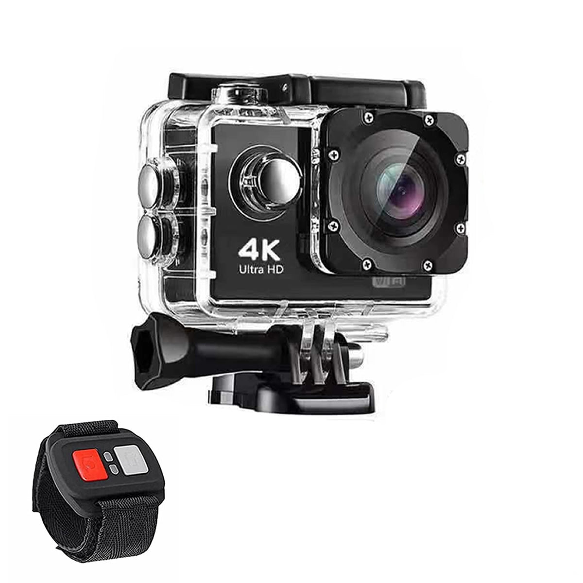 Salmon Lucky 4K waterproof digital UHD WiFi camera with RF remote and accessories, ideal for outdoor filming and security.