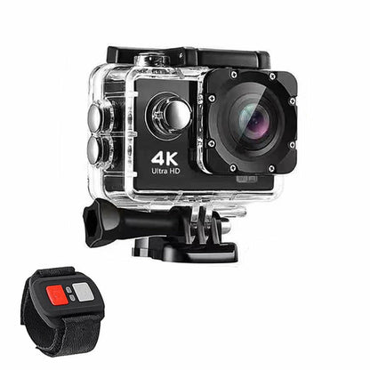 Salmon Lucky 4K waterproof all-digital UHD WiFi camera with RF remote and accessories, showcasing its compact design and accessories.