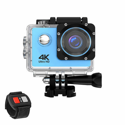 Salmon Lucky 4K waterproof all-digital UHD WiFi camera with RF remote and accessories, detailed view of the tech device.